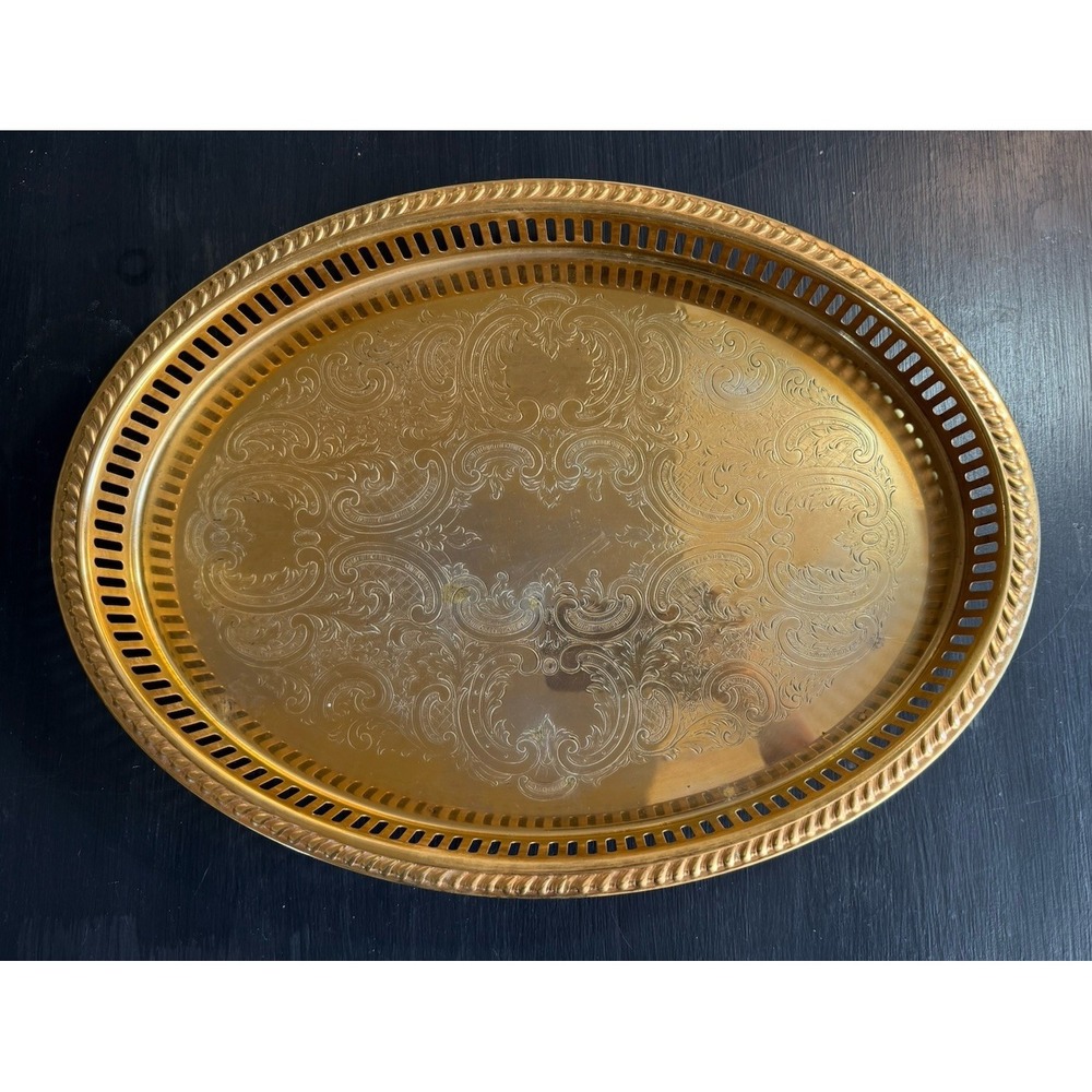 Vtg Brass Oval Ornate Tray Reticulated High Edge Craftsman's Maker Stamped 16"
